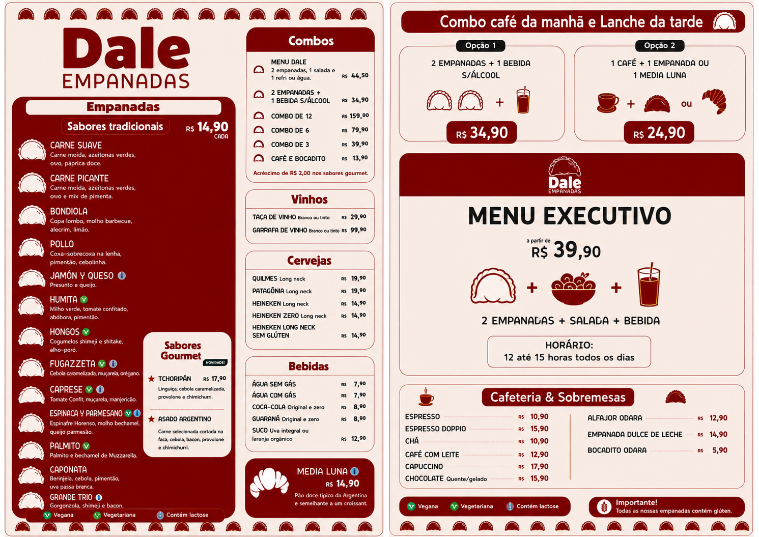 Cardápio completo da Dale Empanadas com sabores, combos e preços